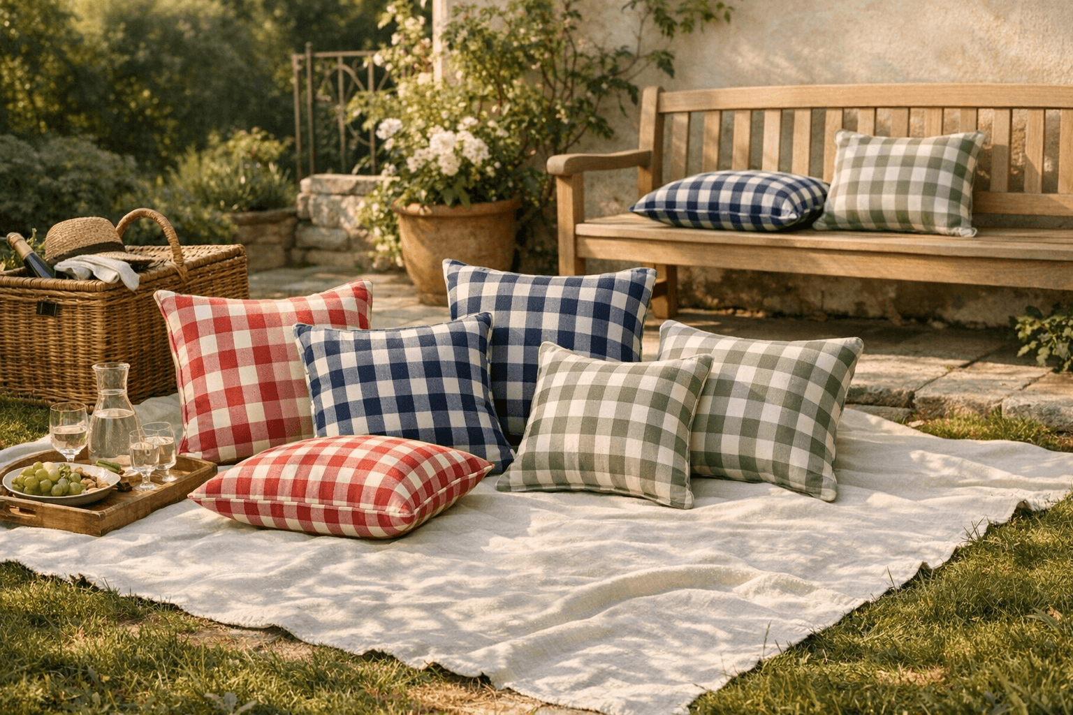 Scène de vie avec coussins Vichy