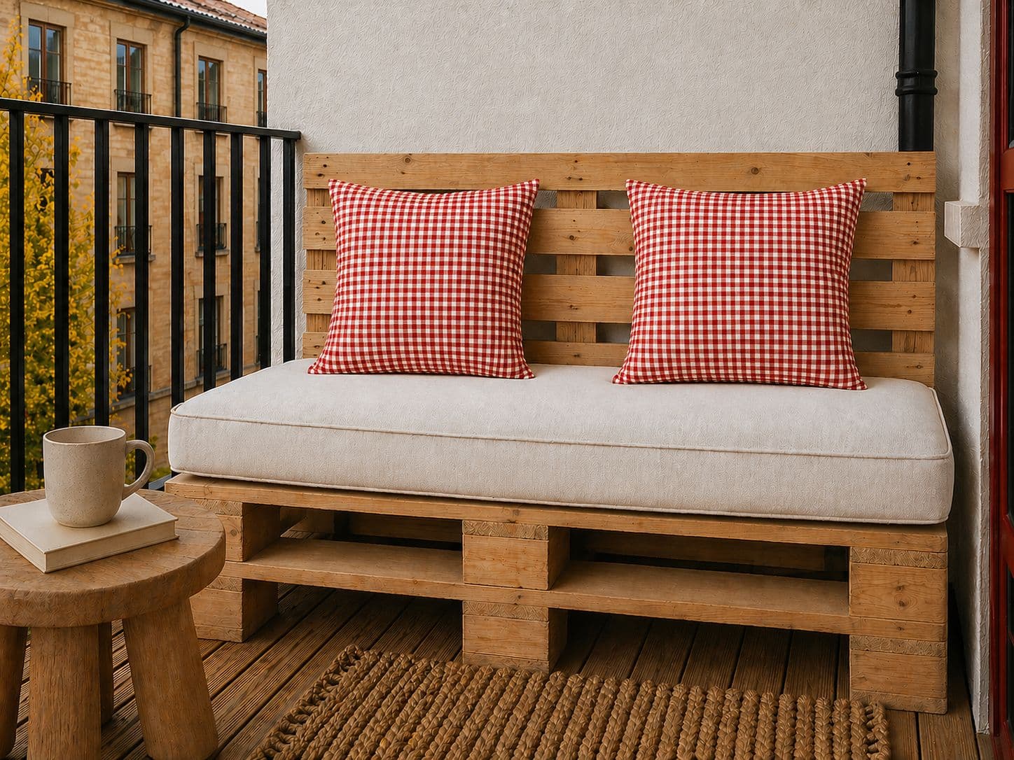 Coussin vichy Rouge sur un banc