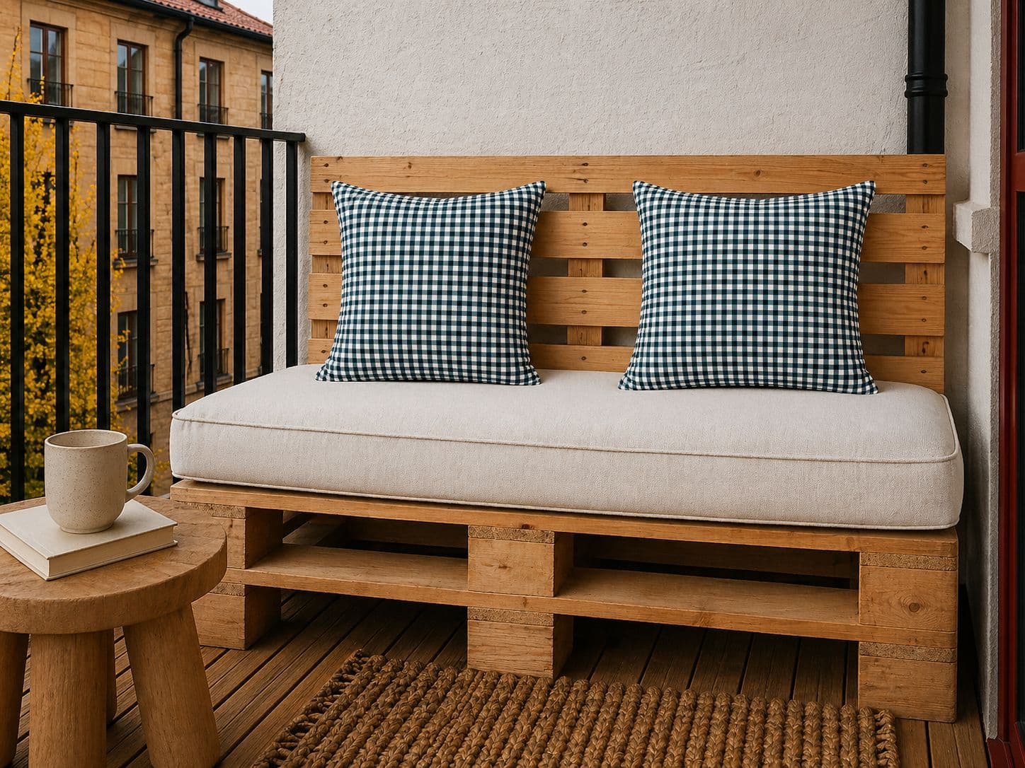 Coussin vichy Vert sur un banc