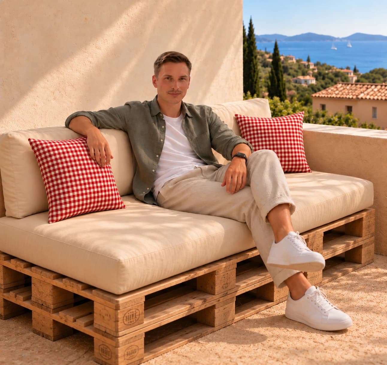 Raphaël, fondateur de Vichy & Co, sur un banc en palettes garni de coussins vichy rouges