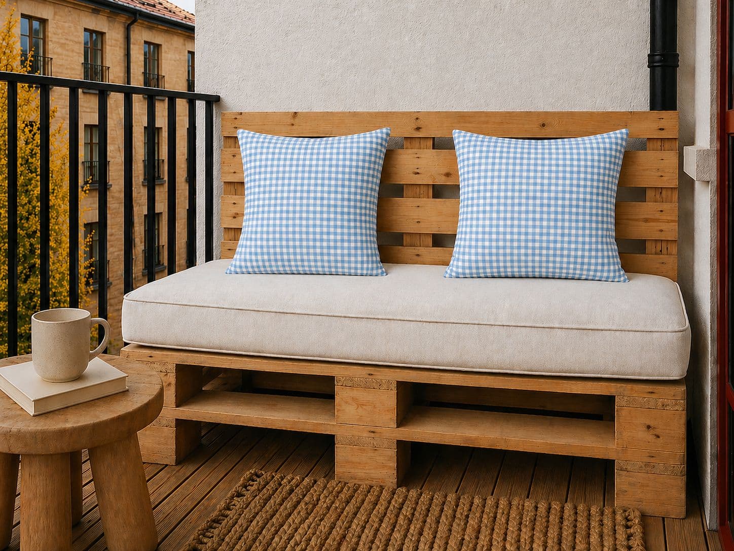Coussin vichy Bleu clair sur un banc