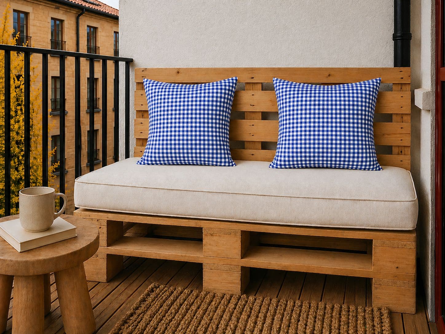 Coussin vichy Bleu roi sur un banc